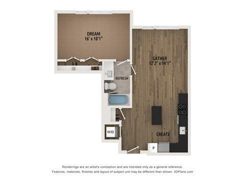 Floor plan for 1 bed, 1 bath, 647 sqft
